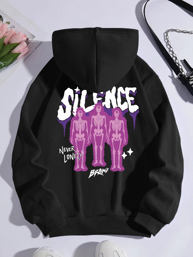 

Silence Never Lonely Hoodies Men Women Letter Prints Sweatshirt Loose Pocket Warm Fleece Pullover Winter Casual Man Sportswear