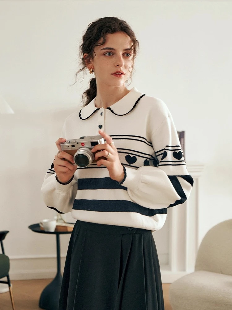 

OLrain Women's Stripe Sweaters 2025 Autumn New in Turn-down Collar Long Sleeve Jumpers Casual Loose Fit Pullovers O23DM69099