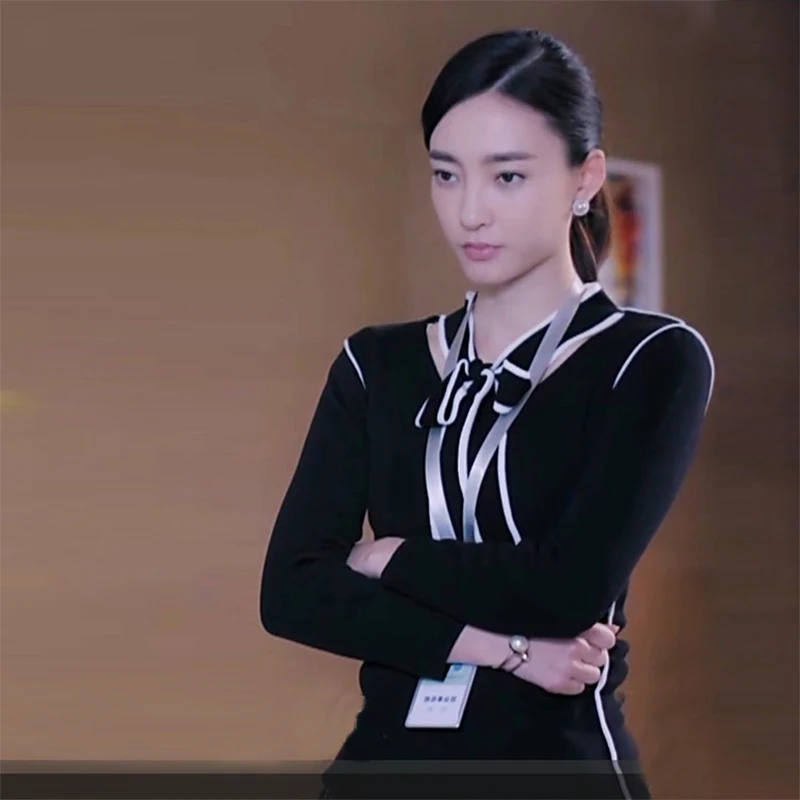 

Black White Sash Knot OL Shirt Women's Fashion Sweet Style Long Sleeve Slim Fit Polyester Fiber Yola Lucia