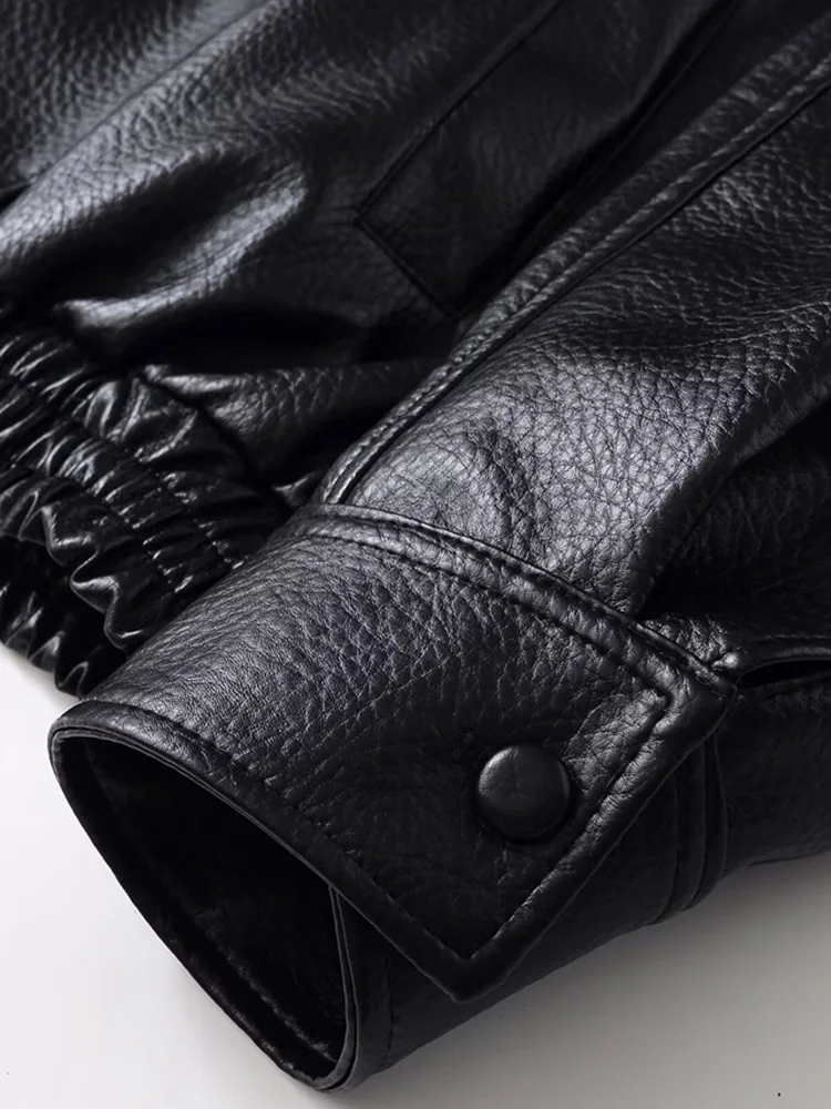 Women's Fashion Faux Leather Oversized Jacket Long Sleeve Front Zipper Chic Outerwear Female Tops