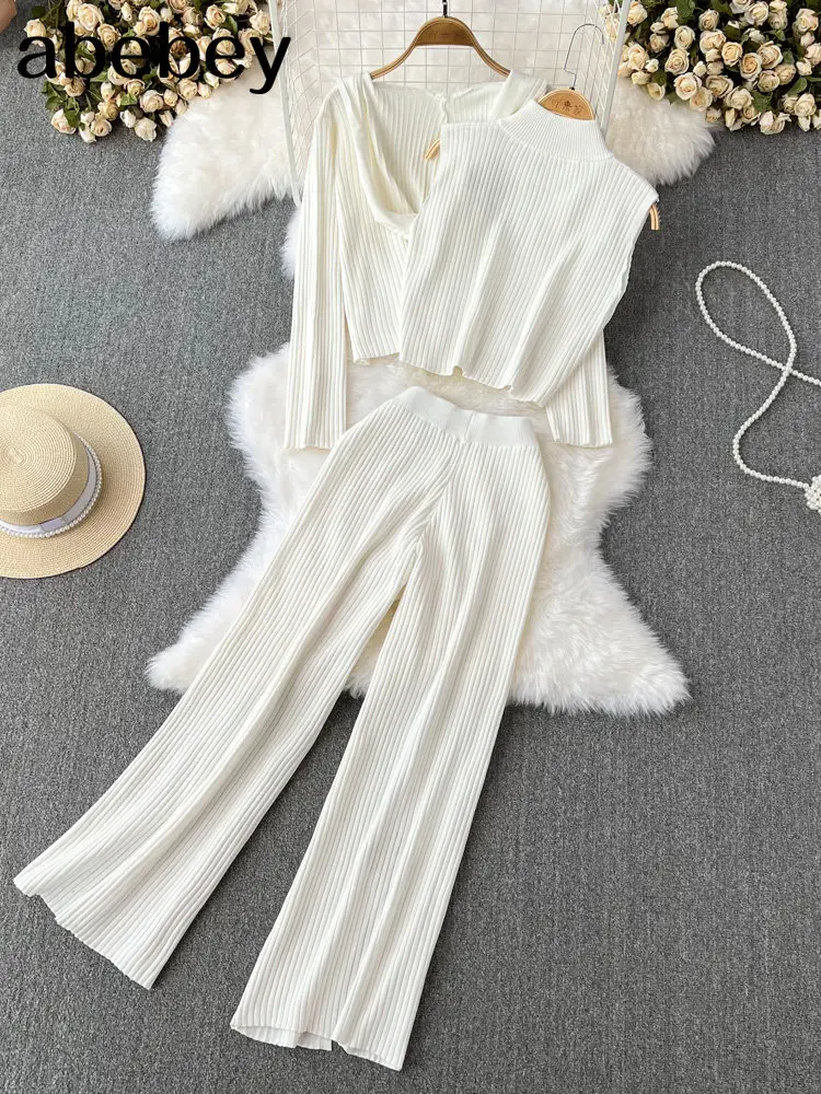 Women Tracksuits Chic 3 Piece Set Costume Knitted White Lounge Suit Cardigan Sweater + Jogger Pants+ Sleeveless Tank Top