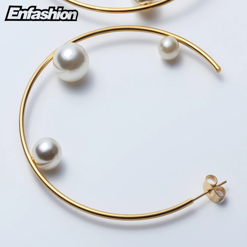 Enfashion Jewelry Geometric Pearl Line Hoop Earrings Gold color Stainless Steel Circle Earrings For Women Earings EEF1014