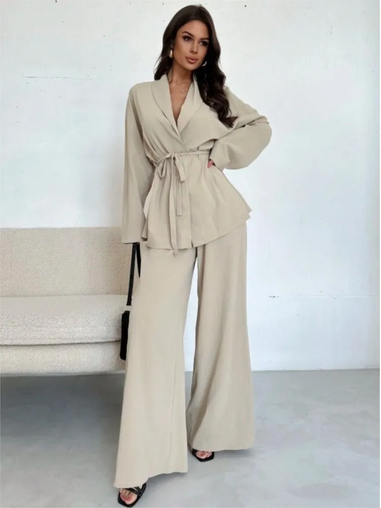 Fashion Women's Pants Suit Solid Drawstring Long Sleeve Blouse Elastic Waist Wide Leg Pants Two Piece Set Commuting Streetwear