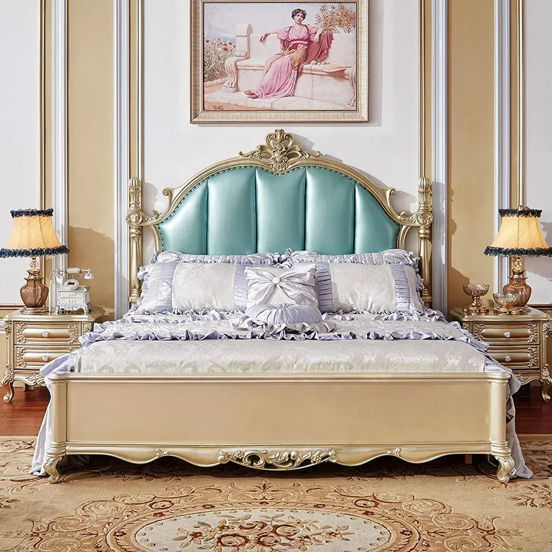 Royal Court European Style Champagne Gold Leather Double Bed 1.5m/1.8m Princess Solid Wood Customizable Bedroom Set for Villa