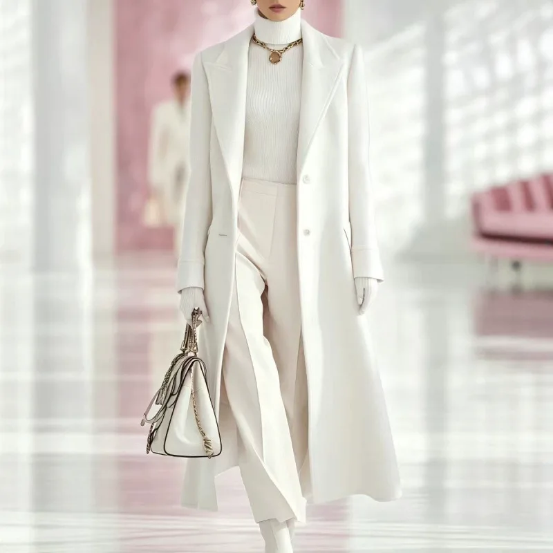 Elegant women's camel collar single breasted slim fit long slit coat autumn and winter business coat