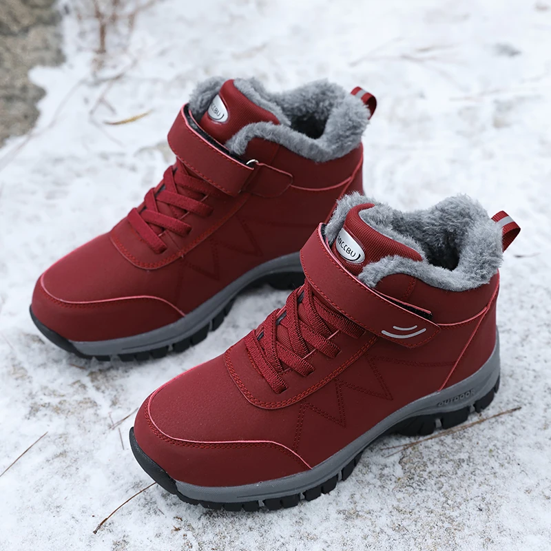 

Antiskid plush Warm Snow Boots Woman Elder walking Shoes Outdoor Ankle Boots size 40 41 Chestnut Red high-top shoes hook-loop