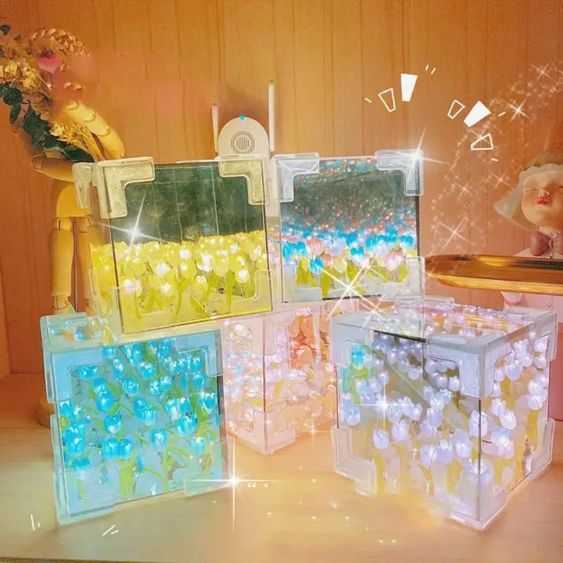 Cube ดอกทิวลิปดอกไม้ Sea Night Light DIY TULIP กระจกห้องนอนบรรยากาศตกแต่งโคมไฟข้างเตียงสาวของขวัญวันแม่