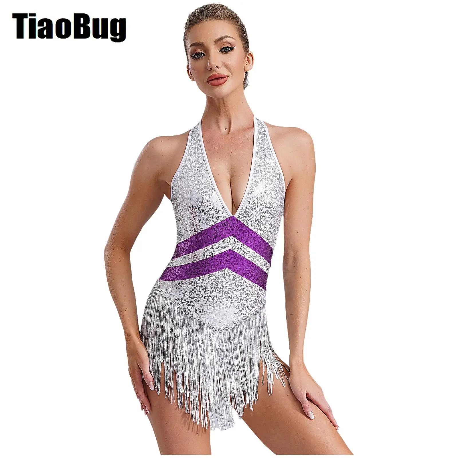 Women Sequins Tassels Jazz Leotard Deep V Neck Sleeveless Open Back Sparkle Sequins Bodysuit Dance Performance Costume