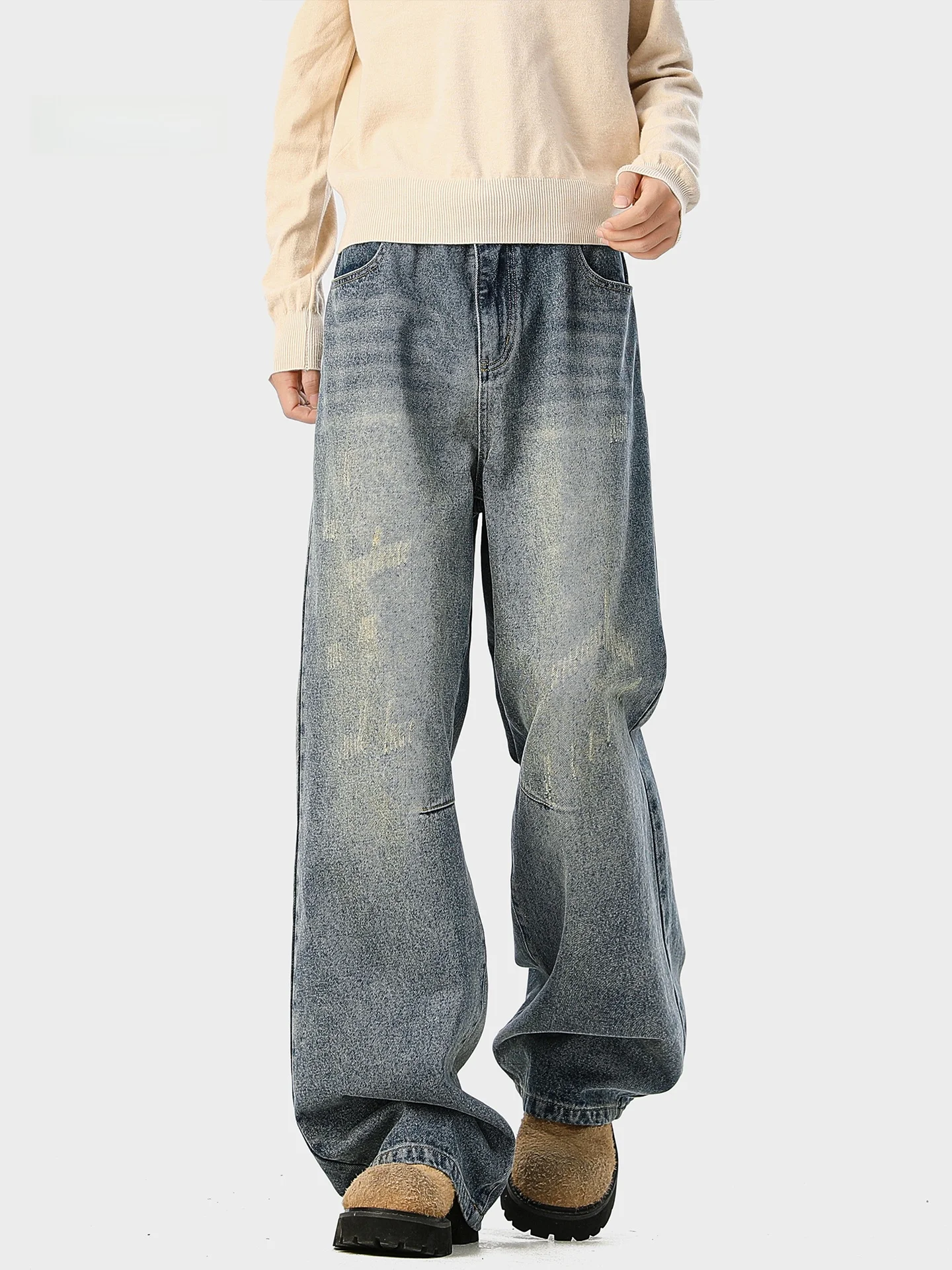 

Wmnm American High Street Men's Jeans Watered down adual Straight Leg Wide Leg Pants Autumn Faion Brand Premium Feel