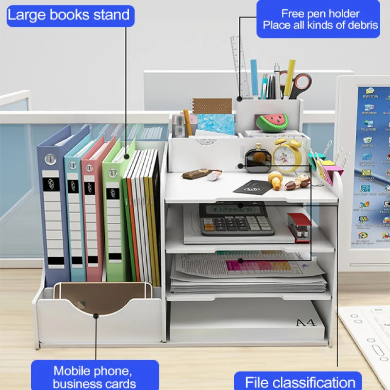 Estante de almacenamiento de archivos de escritorio, práctica caja de almacenamiento de carpetas multicapa, sujetalibros, suministros de oficina