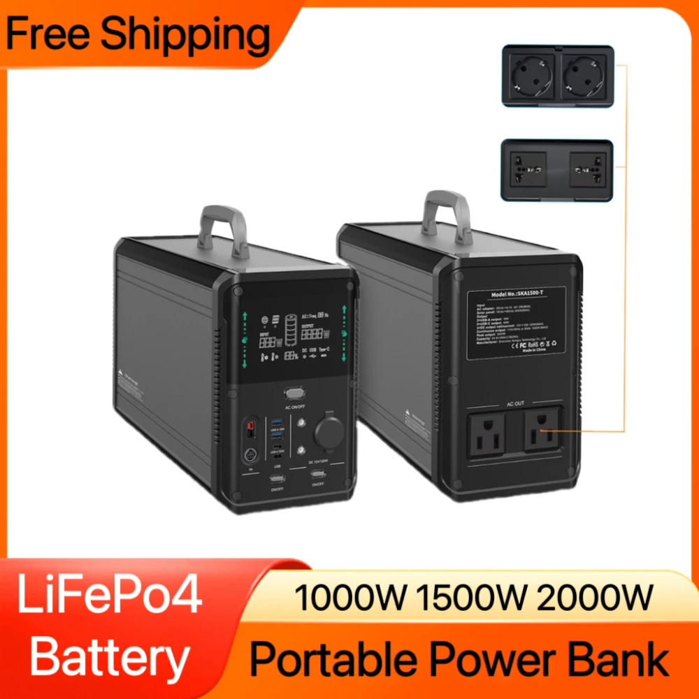 Portable Power Station 1000W 1500W 2000W AC 220V LifePo4 Battery Home Emergency Power Bank Outdoor Power Supply