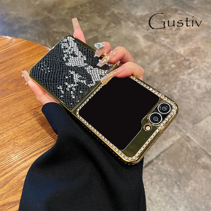 

Чехол для телефона из змеиной кожи для Samsung Galaxy Z Flip 6 ZFlip5, гальванический чехол с золотой рамкой, роскошная коллекция с бриллиантами для Flip 4