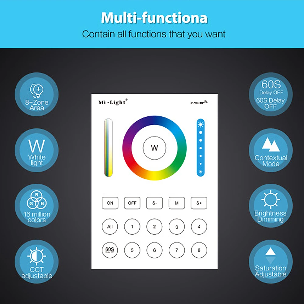 Miboxer  B8 PER1 3.3V Power Supply 2.4GHz Smart 8-Zone Touch Panel Adjust Brightness Switch RGB+CCT For Led Controller/lamp