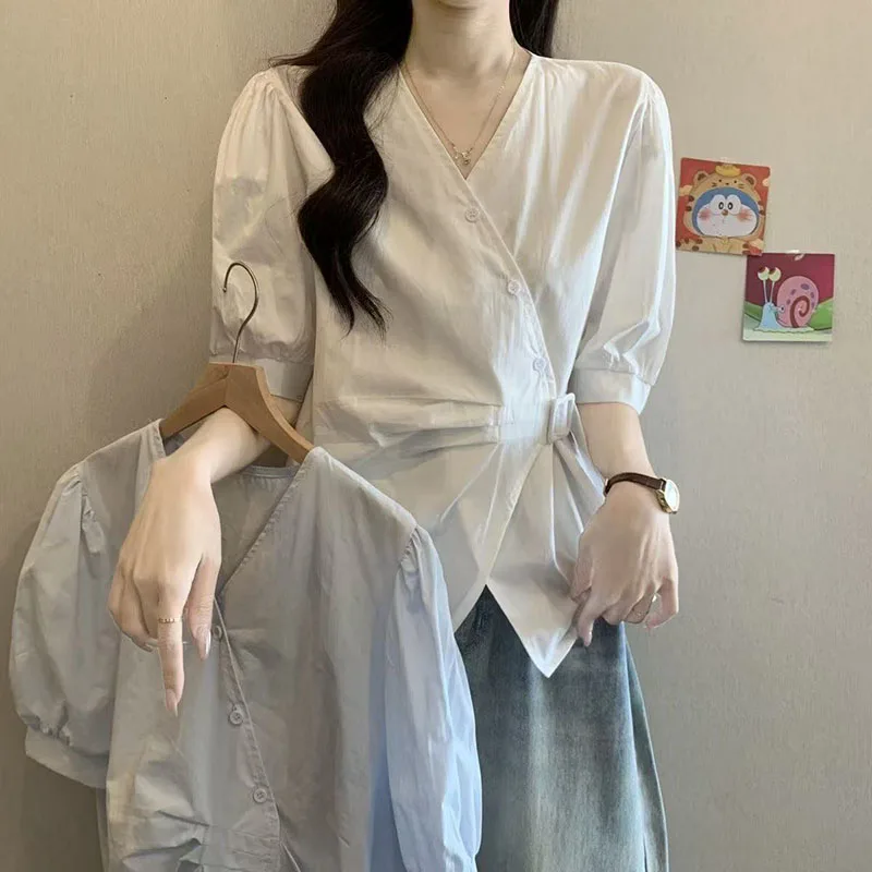 Fashion Irregular V-Neck Shirts for Women Elegant Waist Cinched Office Lady Short Sleeved Blouses Summer Solid Casual Shirts