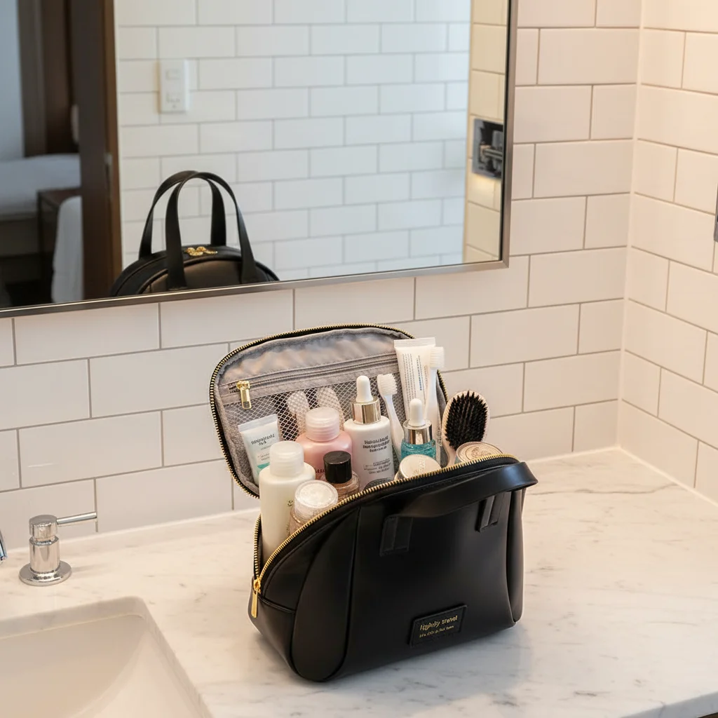 Portable Travel Cosmetic Bag Large Capacity Skincare Organizer Black Shell Makeup Pouch Handheld Toiletry Storage For Women Girl
