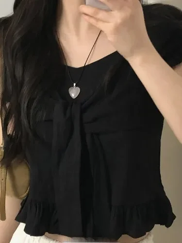 Csa Curta Fena com Laço Estilo Coreano, Manga Bufante com Babados e Estampa de Borboleta, Estilo Casual de Verão, Caim...