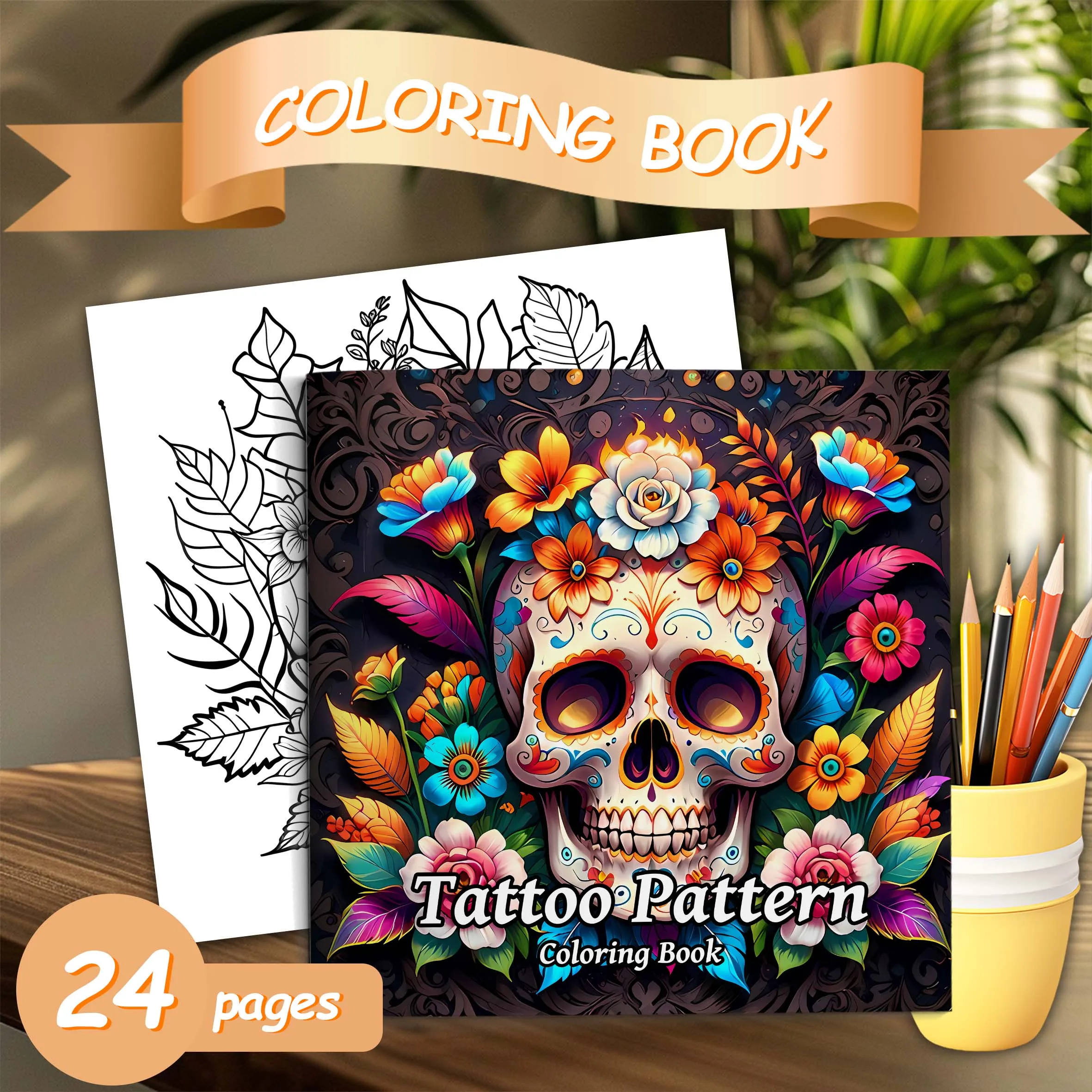 Tattoo Pattern Coloring Book For Adults And Teens Skull in Rose Abstract Artistic Expression Hand Drawing Colouring Book