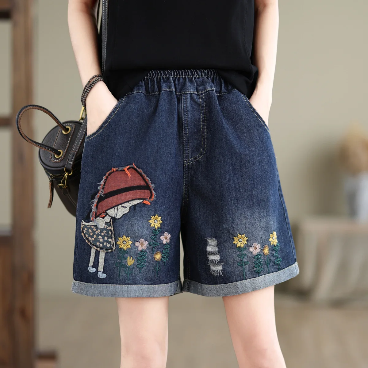 

Mori kei clothing Japanese style designer elastic waist cartoon girl embroider patch denim shorts summer loose jean shorts