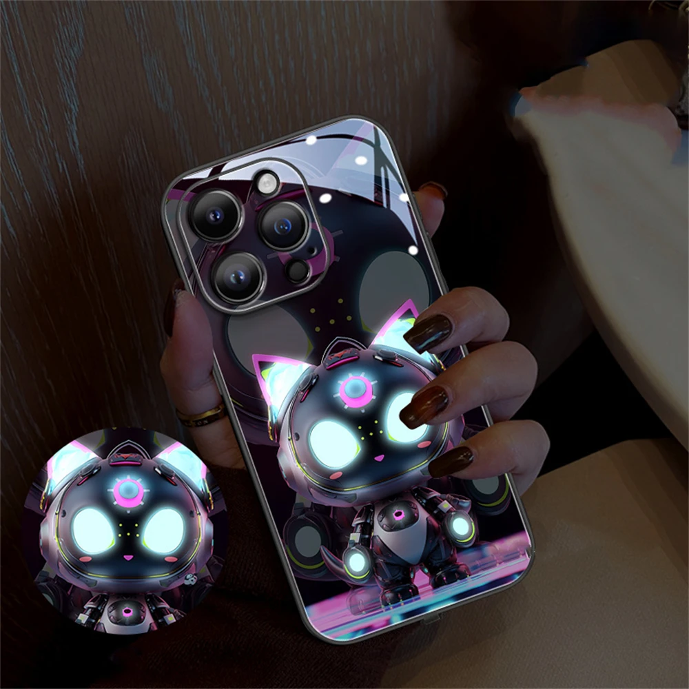 

Cute Punk Cat LED Light Glowing Luminous Tempered Glass Back Phone Case For Samsung S24 S23 S22 S21 S20 FE Note 10 20 Plus Ultra