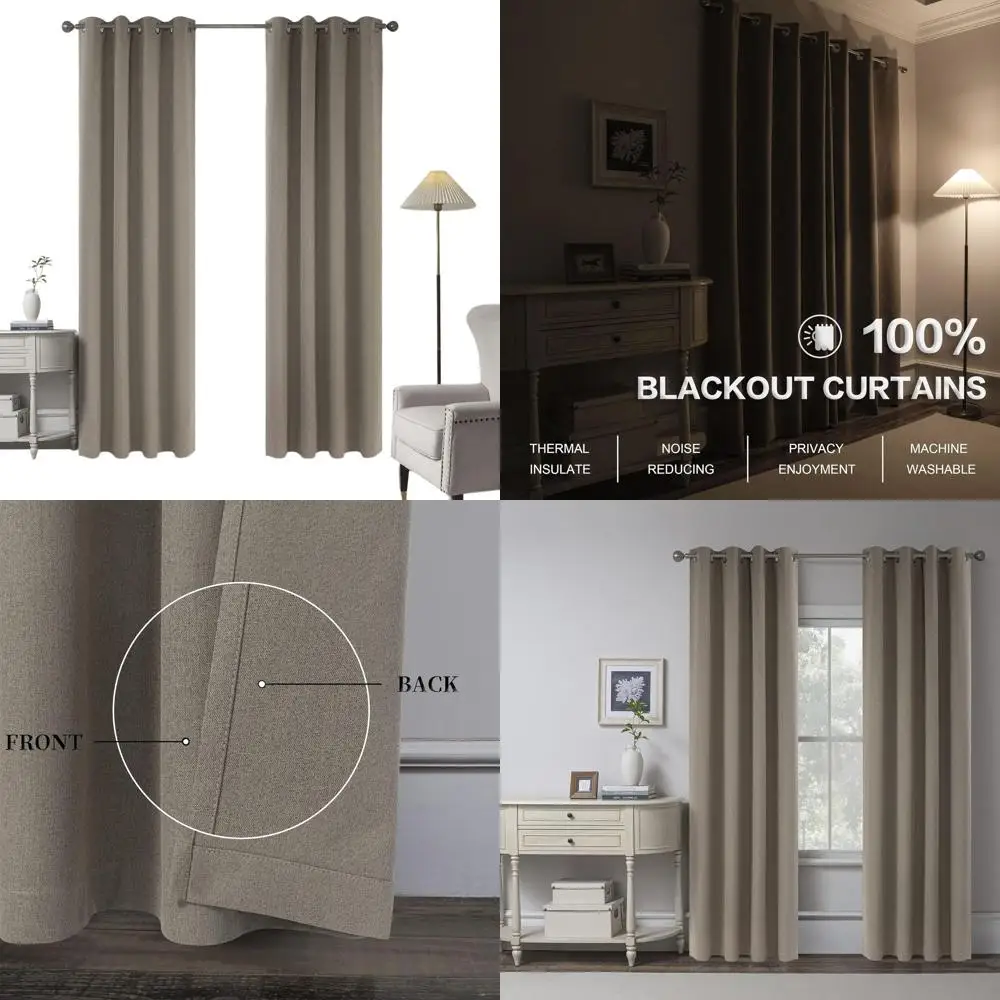 

100% Blackout Taupe Linen Curtains, 102 Long, 2-Panel Set for Bedrooms, Country Style, Full Light Blockage
