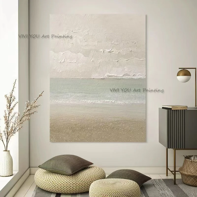 100% Handpainted Thick 3D Texture Minimalist Beach Oil Painting Neutral Tone Canvas Wall Hanging Decor