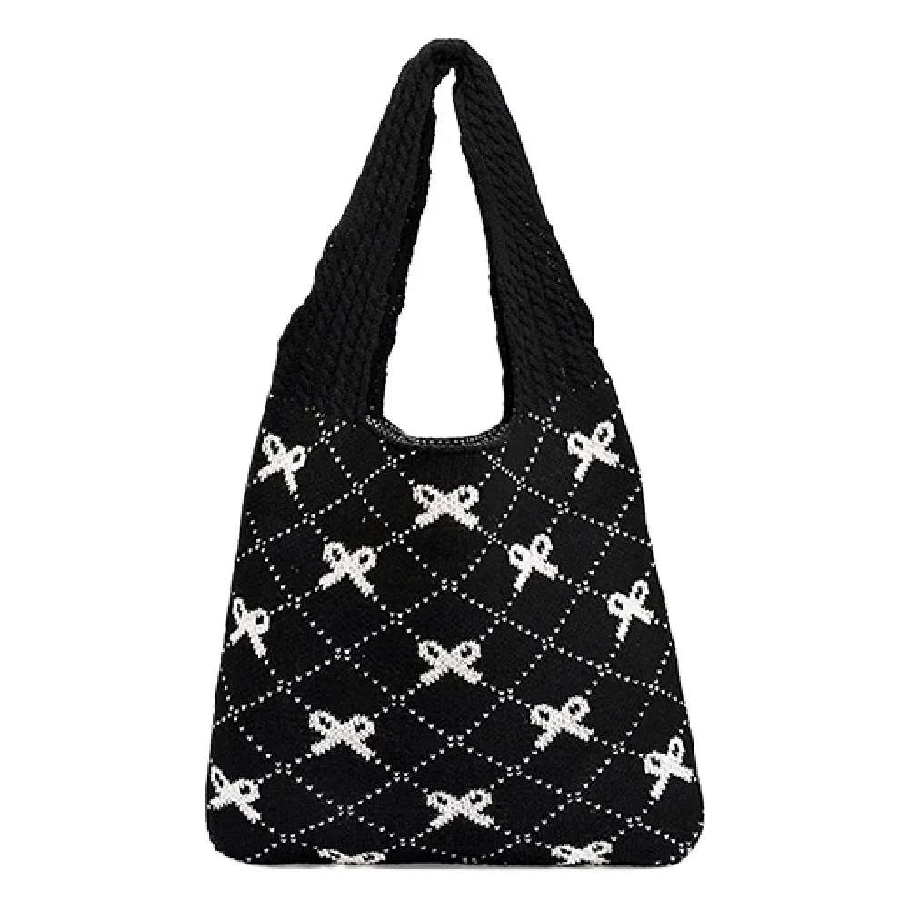 

Durable Large Capacity Bow Knitting Shoulder Bag Sweet Soft Casual Woven Handbag Portable Spacious Beach Bag Summer