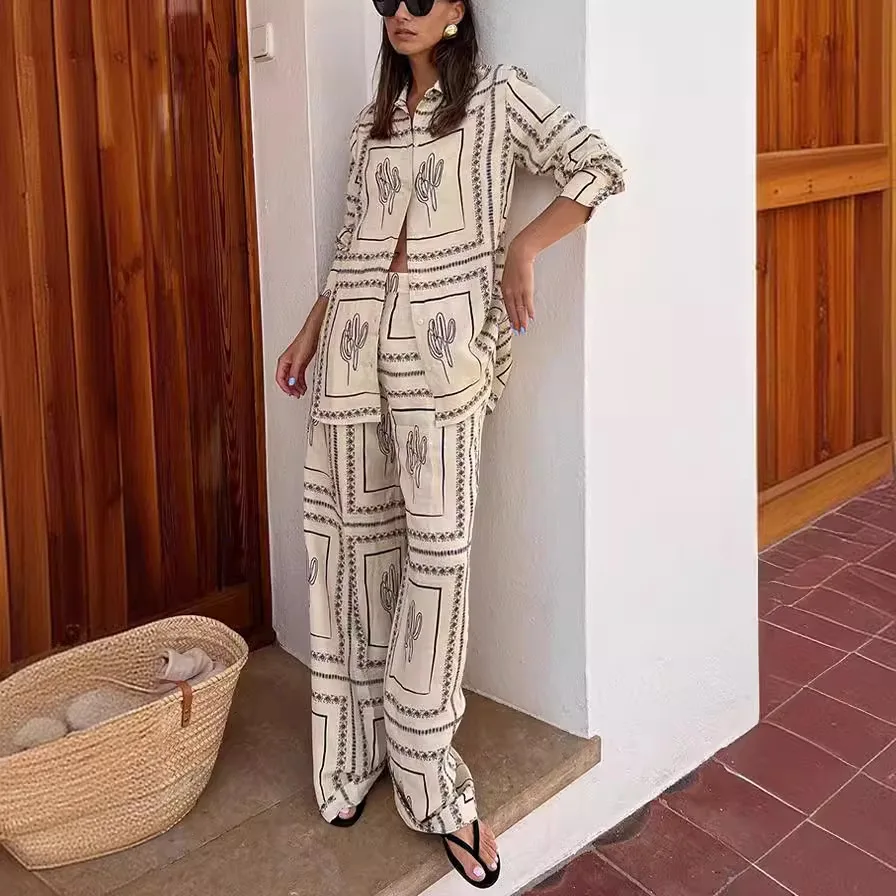 Printed Long Pants Shirt Set Home Clothes New Model Cross-Border Independent 2023 Casual Pants for Women without Brand