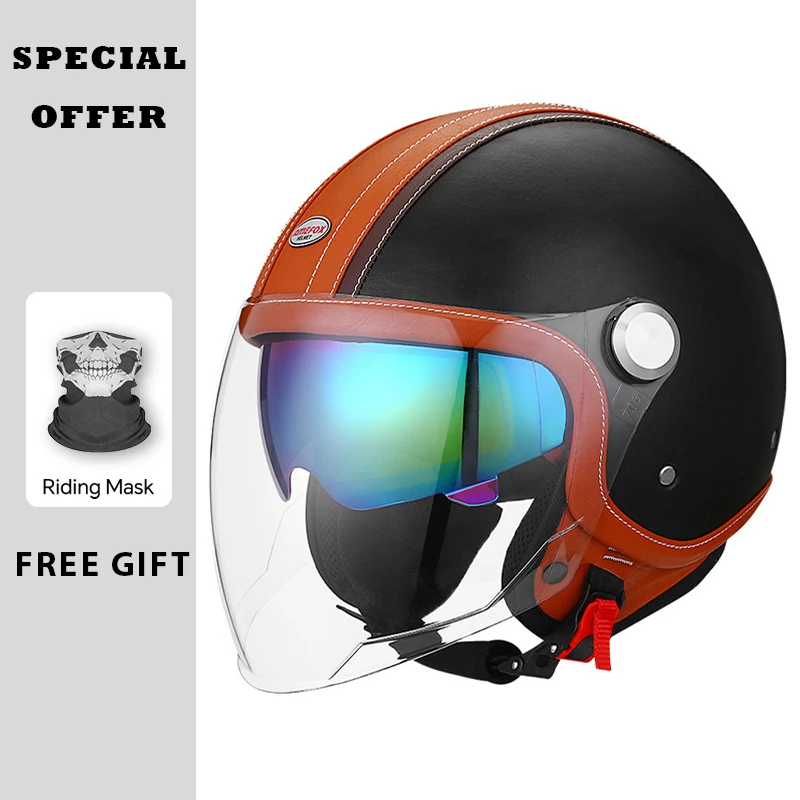 

DOT Approved Double Visor Jet Helmet Leather 3/4 Open Face Helmet Safety Motorcycle Helmets Daul Lens Man Women Four Seasons