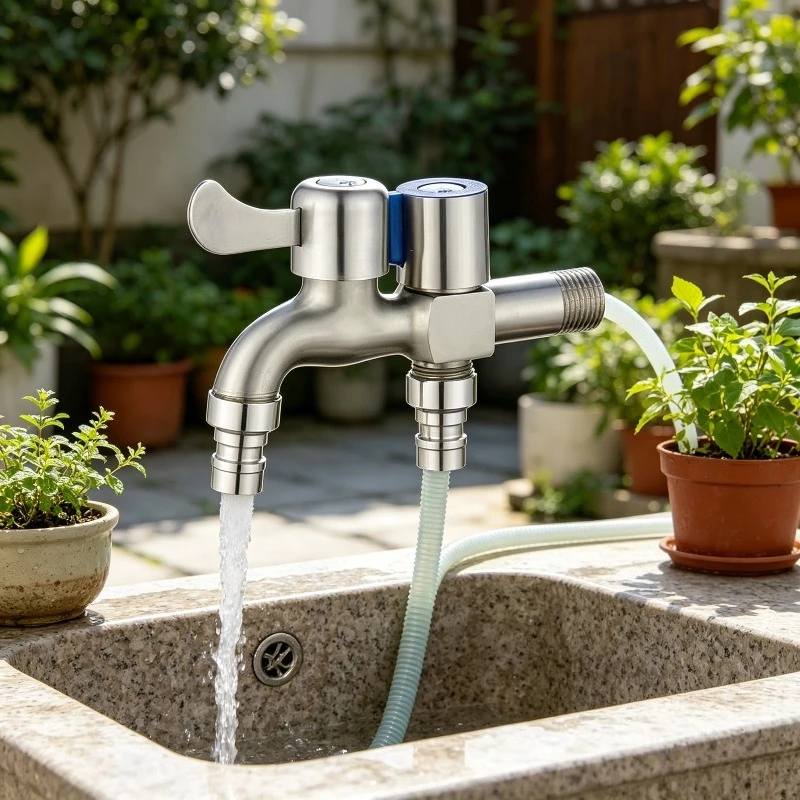 Dual Control Double Outlet Tap Stainless Steel Faucet One in Two Out Bidet Faucet for Bathroom Use