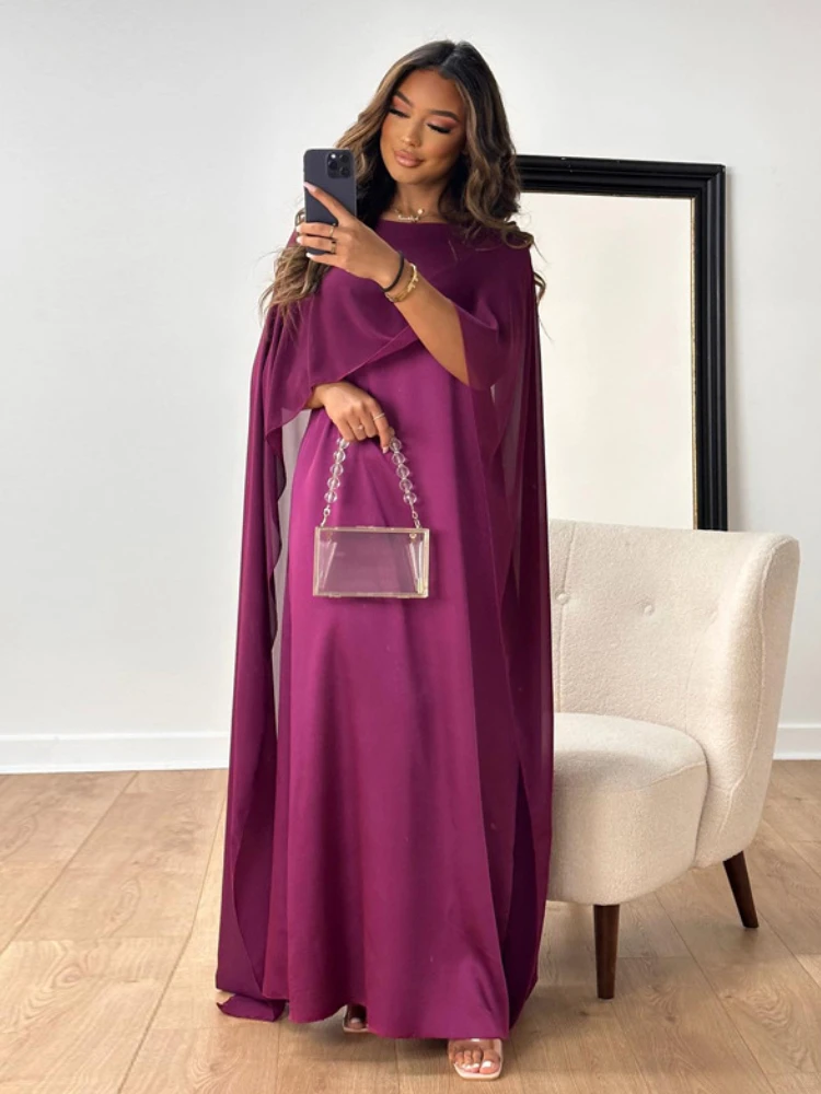 Muslim Robe Women Fashion Longuette Solid Chiffon Party Dress O-Neck High Waist Large Swing Long Skirt Elegant Autumn Outfits