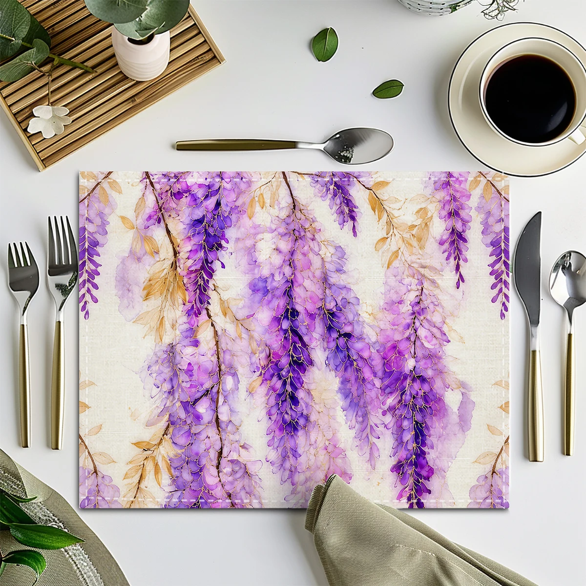 Watercolor Purple Floral Pattern Polyester Placemats & Coasters - Decorative Table Linens for Home Dining & Daily Use