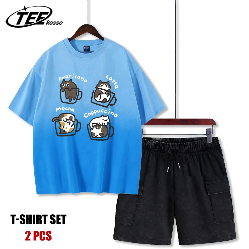 

Four Delicious Cat Coffees Printed Retro Male Tie-Dye T-Shirts Summer New Creative Shorts Set Cotton Trendy Unisex O-Neck Tee