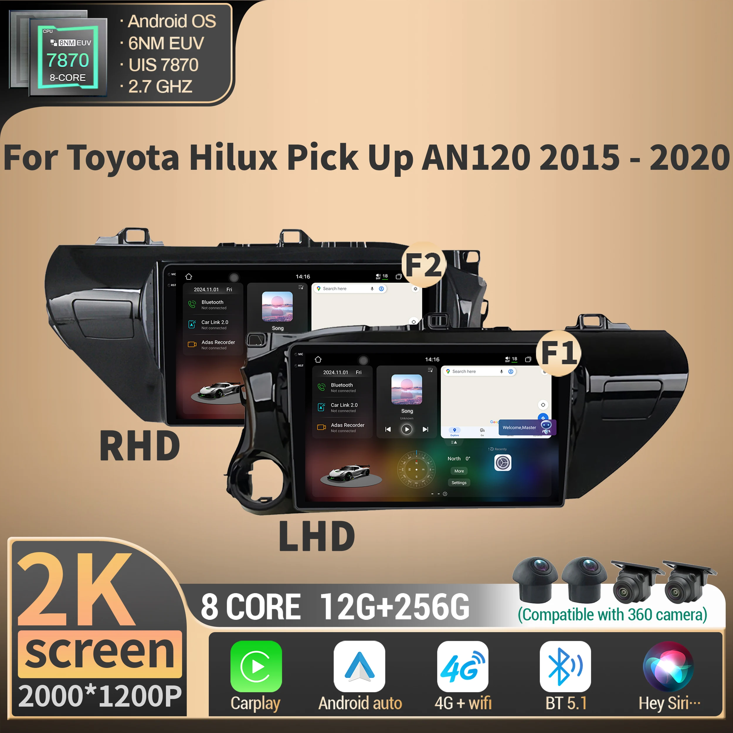 

Car Radio Multimedia For Toyota Hilux Pick Up AN120 2015-2020 Android Wireless Bluetooth Carplay 4G GPS CPU 7870 2K QLED Screen