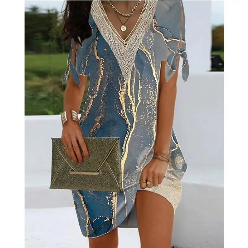 Ele المرأة الصيف Crtsmanip الكفة شوكة طوق الدانتيل المطبوعة دكتور ألياف البوليستر منتصف الخصر ort Sve عادية