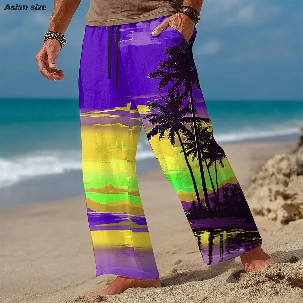 Men's Coconut Tree Nature & Landscapes Tropical Plants Trousers Baggy Pant Mid Waist Hawaiian Vacation Elastic Drawstring Waist