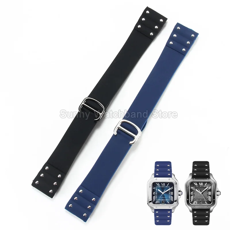 Anti Crease Odor Free Silicone Watch Accessories 21mm for Cartier Santos Sandoz 100 Black Blue Flat Interface Watchband