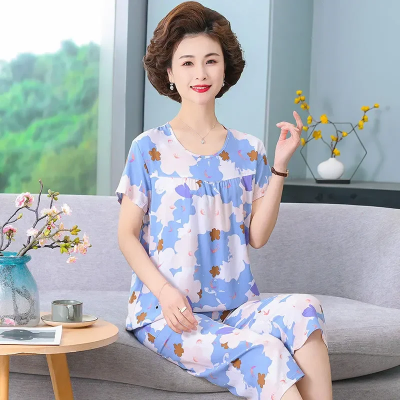 Women's Summer Pajamas 2024 New Style High-end Feel Ice Silk Loose Fit Cotton Silk Short Sleeves Thin