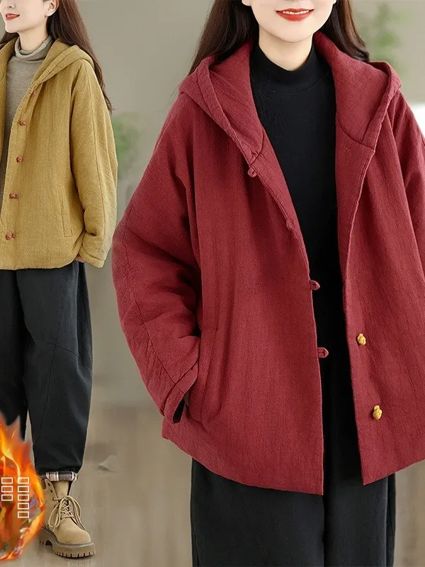 Thiened Warmth Retro Korean Sle Women's Coat with Hood And Button Cotton Padded Jaet Winter New Arrival Tailor-made