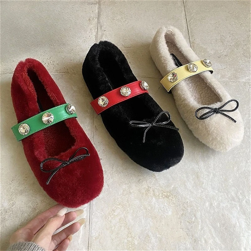 

Fluffy Warm Rhinestone Flat Shoes Women Bowknot Autumn Winter Plush Comfort Cotton Shoes Leisure Fashion Luxury Mules Female