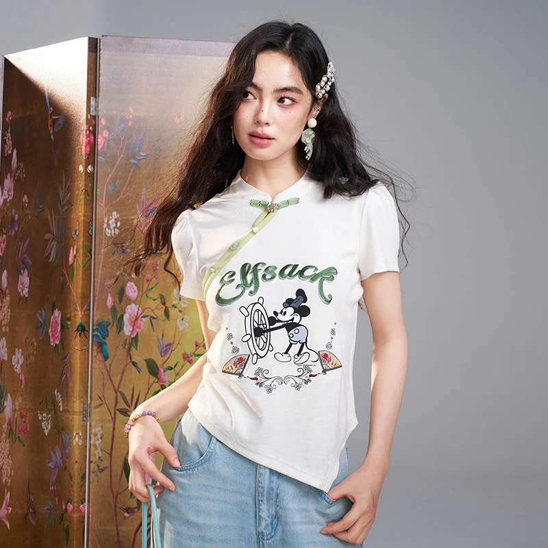 ELFSACK Women's New Chinese Frog Button T-Shirt, Cartoon Print Puff Sleeve Ribbed Knit Top, Irregular Hem Casual Tee