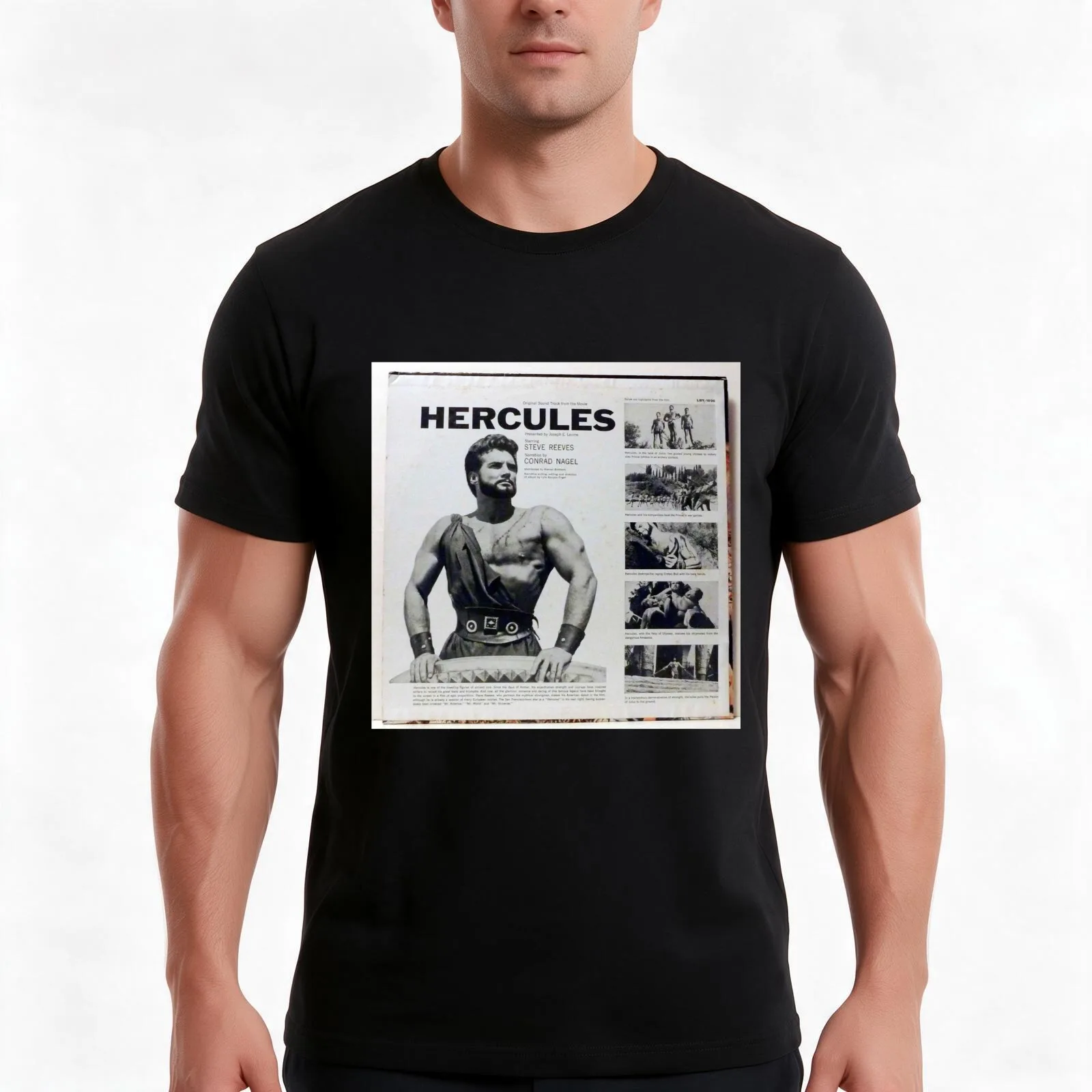 Hercules, Steve Reeves, OST, back cvr T-Shirt, Summer Casual Cotton Tee, Oversized Streetwear Tops, Vintage Graphic Print
