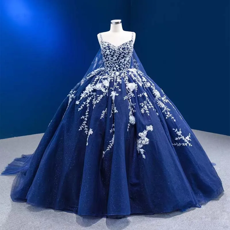 Vestidos de Quinceañera de Charro Azul Real, vestido de baile con tirantes finos, apliques de tul hinchado mexicano dulce 16, 15 años