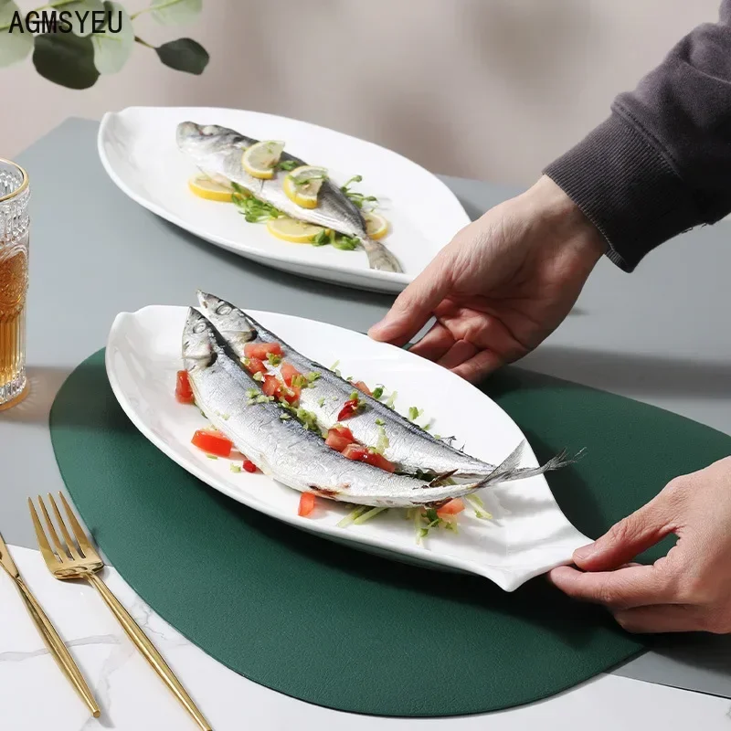 Creative Household Ceramic Fish Plate Tableware Fish Shape Simple White Steamed Fish Large Plate Hotel Kitchen Tableware Plate