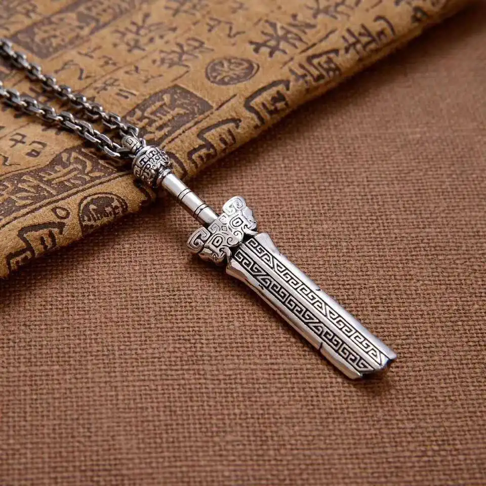 

Creative trendsetter pure silver never fails, gluttonous pattern broken sword pendant for men's necklace retro Thai silver craft