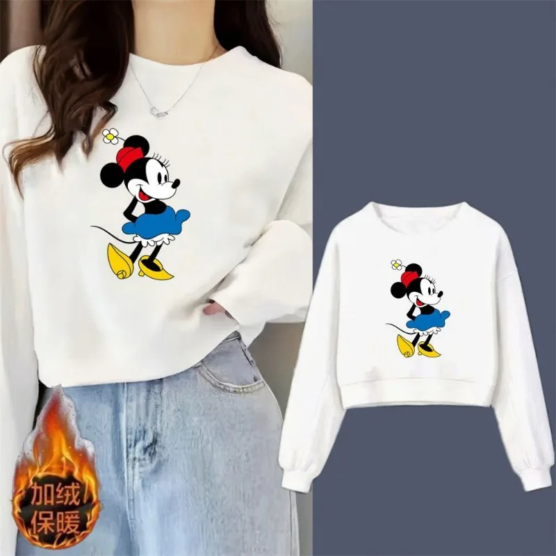 

Cute Disney Mickey Minnie creative cartoon pattern new simple fashion plus velvet warm round neck pullover short sweatshirt