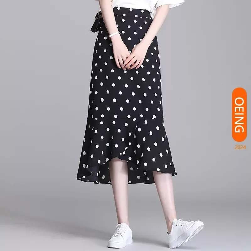 

Women Chic Spliced Ruffles Slim High Waist Dot Bodycon Fishtail Skirt 2024 Summer New Elegant Korean Style Mid-long Skirts 2028