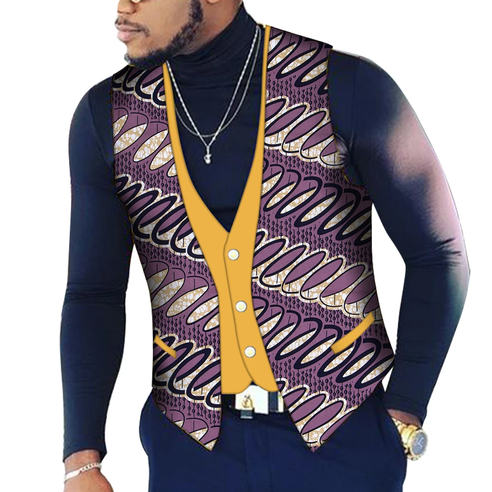 Personalizado masculino superior vestuário bazin riche retalhos impressão colete superior 100% algodão dashiki tradicional africano roupas wyn107
