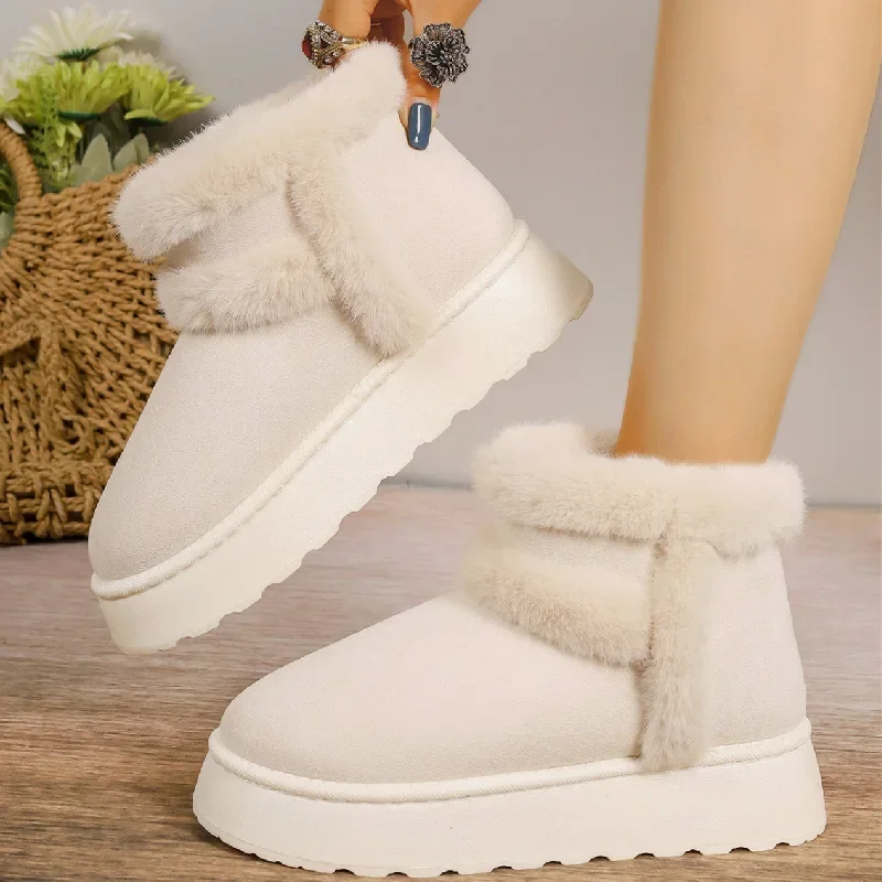 2024 Winter Women Short Plush Warm Snow Boots Casual Shoes New Suede Fur Chelsea Ankle Boots Flats Platform Ladies Shoes Botas