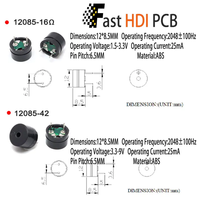 電磁式パッシブブザー 12x8.5mm (16Ω/42Ω) - 多電圧3/5/9/12V交流、断続音出力、外部発振回路必須