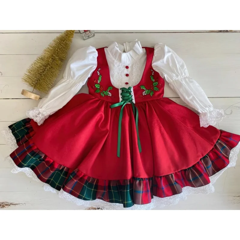Autumn Baby Girl Sweet Vintage Lolita Princess Dress Green Bow Holly Embroidery for Christmas New Year Party Photography C386